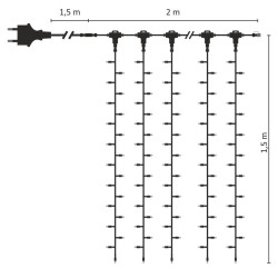 Kültéri LED fényfüggöny 2m x 1,5m fehér kábel, 300 meleg fehér LED