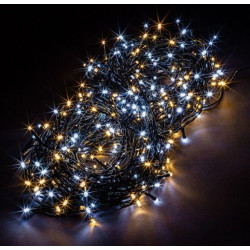Kültéri sűrű LED fényfüzér 10m zöld kábel, 100 melegfehér/100 hidegfehér LED