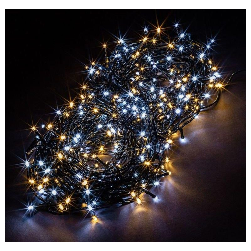 Kültéri sűrű LED fényfüzér 10m zöld kábel, 100 melegfehér/100 hidegfehér LED